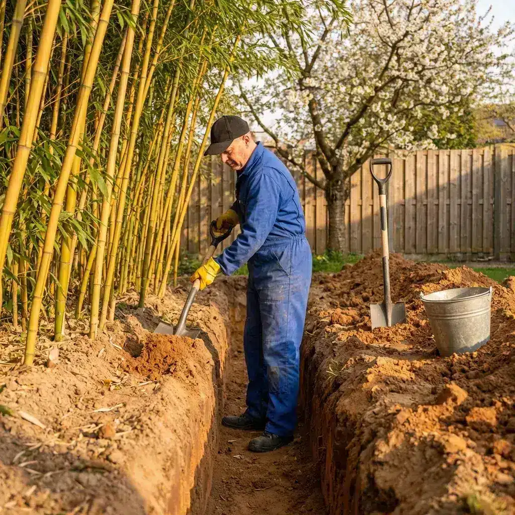 Installation d'une barrière anti-rhizomes pour bambou traçant : tranchée et pose